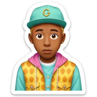 Tyler the Creator with his iconic look, wearing a colorful outfit sticker