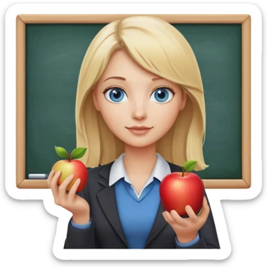 blonde hair blue eyes teacher female with apple and chalkboard sticker