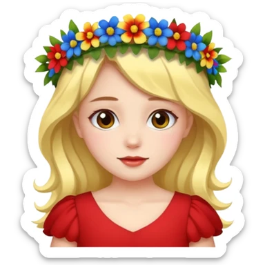 girl with flower crown in red dress and yellow ,blue,green colored flowers sticker