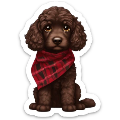 portrait Dark chocolate colored doodle with wavy fur wearing a red and black flannel handkerchief sticker