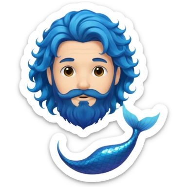 male with cascading, wavy blue mermaid hair and black beard, emoji style sticker