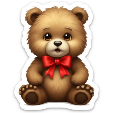 Furry little bear with red bow stay sit sticker