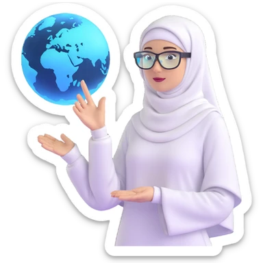 computer engineer with white hijab proudly presenting her completed metaverse creation, gesturing toward a floating holographic virtual world she built, explaining her digital architecture to audience, professional stance, AR glasses, display showing her code and virtual environment sticker
