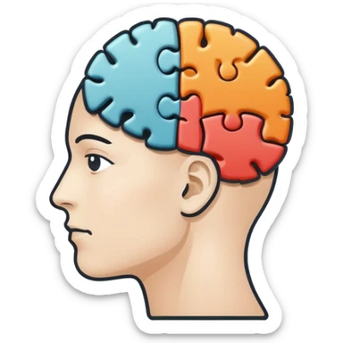 Minimalistic flat vector icon, iOS style, thin black contour on white background. Human head profile with a brain inside, split into puzzle pieces. No text, no shadows. sticker