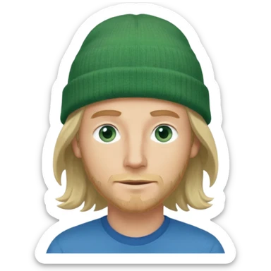 white man, mid thirties, blue eyes, mid length wavy hair, green beanie hat sticker
