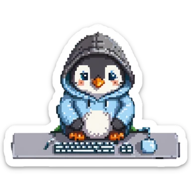 A cute penguin wearing a cozy hoodie typing on a computer keyboard sticker