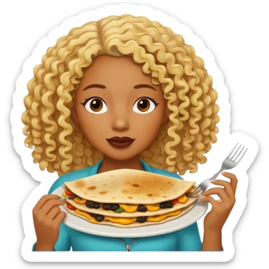 mujer con pelo rubio rizado comiendo quesadillas quemadas.negraa sticker