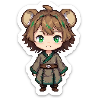 Young Rudeus Greyrat chibi, big green eyes, round face, messy light brown hair, wearing a tunic, cute and curious anime style sticker