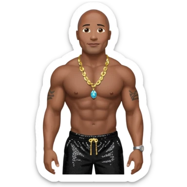 Dwayne Johnson with black sequin baggy pants, shirtless with necklace, dark brown hair sticker