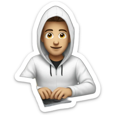 Young white developer with a black hood behind his laptop on a desktop sticker