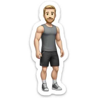 Full height Pale skinned muscular man With Realistic eyes and mouth, light brown hair and stubble In dark gray sleeveless mike, black oversize sports shorts, watch and white sneakers. sticker
