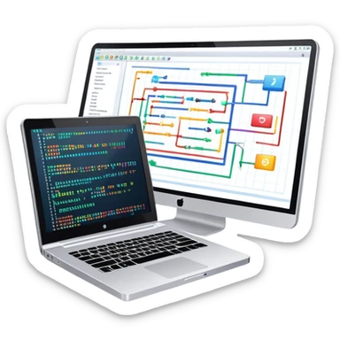 An icon featuring a laptop screen with colorful lines of code, brackets, and a blinking cursor, symbolizing programming. The design includes flowcharts, gear icons, and binary code, representing software development and logical problem-solving. Transparent background highlights the world of coding. sticker