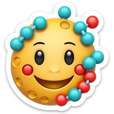 enzyme emoji style with a smiling face and abstract molecular shapes sticker