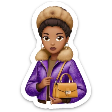Beautiful black woman wearing a brown monogram Fendi jacket with a fur trim. She is carrying a purple Fendi Mini Peekaboo Bag. I want the image to start at her head and end at the chest sticker