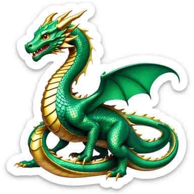 cinematic-noble-dragon-full body-emoji,-poised-and-majestic,-with-a-sinuous,-elongated-build-and-shimmering,-scale-covered-skin-in-hues-of-emerald-and-gold,-piercing,-fiery-eyes,-simplified-yet-sharp-and-sophisticated-features,-highly-detailed, zoomed out showing the serpentine body sticker