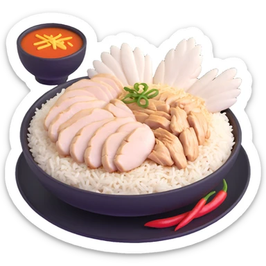 Singapore chicken rice with sliced poached chicken, fragrant rice, and chili sauce sticker