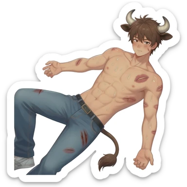 A buff hairy anime guy lies back, brown-haired, with cow horns, cow ears, and a cow tail, with scars from surgery, covered in kiss marks, his body glistening with sweat, a bright blush touching his cheek. He's wearing jeans and sneakers, his torso bare. sticker
