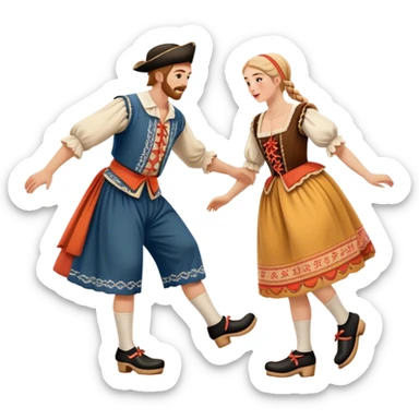 Cinematic Realistic scene of two performers executing the Klompendans, dressed in traditional Dutch costumes complete with wooden clogs and detailed folk patterns, captured in lively motion with soft, natural lighting sticker