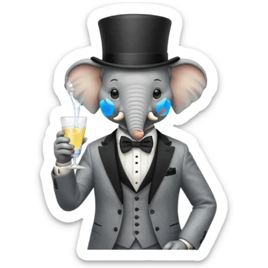 elephant wearing suit, bowtie and top hat, holding glass of water sticker