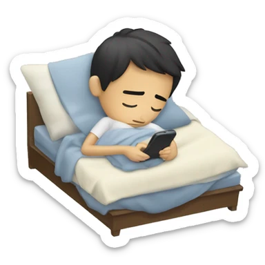 A sleepy Asian boy suffering from jet lag playing with his phone under the blanket. sticker