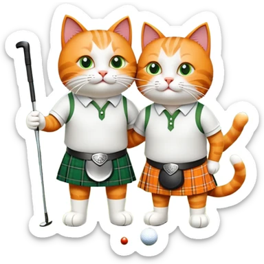 two cats in love playing golf in Scotland, wearing kilts, with the Scottish Highlands in the background sticker