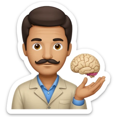 mustachioed man with dark hair holding a brain as an emoji no curl to mustache  sticker