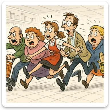 a comical scene where a crowd of supermarket shoppers runs from left to right, carrying off the salesgirl in a chaotic and exaggerated manner sticker