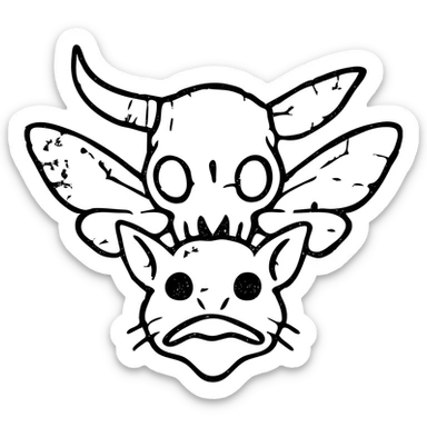 a terrifying minimal red line art of just a head (no body) combining minotaur skull with broken horn, stoat features, frog mouth, with moth wings sprouting directly from the skull, transparent hollow center, distressed appearance with deliberately missing sections, worn texture, sparse red lines only sticker