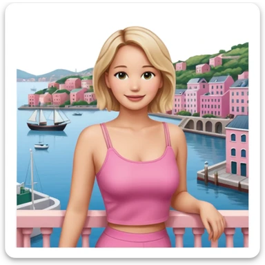 jennifer lawrence, pink crop top leaning on a balcony with a harbor and cityscape in the background, smiling sticker