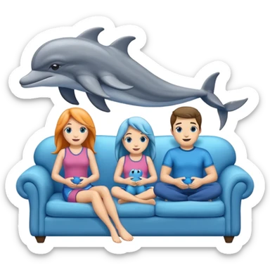 2 males and 2 female dolphins sitting on a sofa  sticker