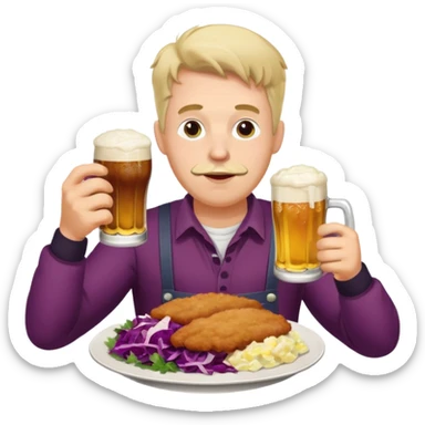 German man eating schnitzel, potato salad, red cabbage, sauerkraut, and beer sticker