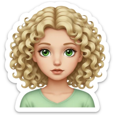 A dirty blonde girl, with curls and green eyes and big lashes. A soft look and pastel clothes sticker