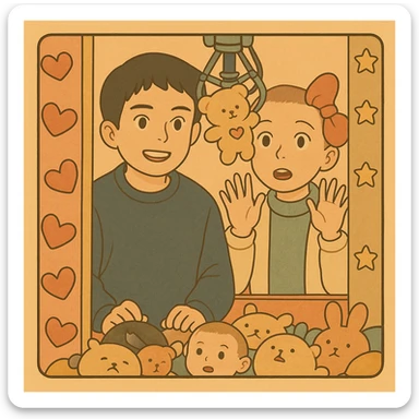 Mike and Eleven from Stranger Things inside a claw machine filled with plush toys, in delicate Ghibli style with thick dark outlines, colored in pastel tones as per the reference examples. Variation 1: Mike smiling, Eleven surprised. sticker