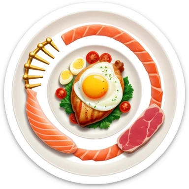 Floating plate with protein foods: large golden chicken breast in the center, smaller salmon fillet, red meat steak, and an egg, all orbiting a DNA double helix, with energy rays connecting to a muscular figure silhouette sticker