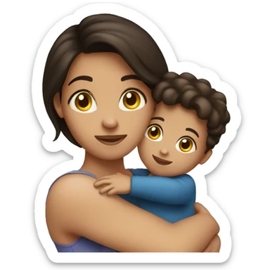Brunette girl holding boy toddler sticker