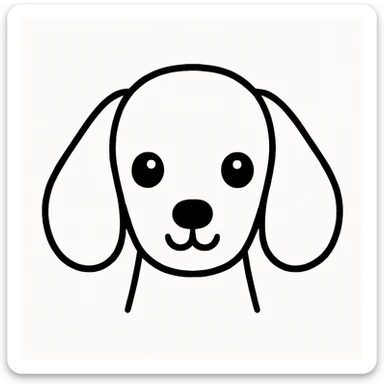Minimalist kawaii line art of a Dachshund dog's head: long, oval head, long floppy ears, very simple face with two dot eyes, tiny round nose, upside-down 'Y' mouth. Thick, bold, clean black lines on white background, symmetrical, calm and sweet expression. No color or shading, just black linework. Slightly hand-drawn but polished, child-friendly. sticker