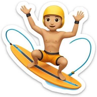 "Apple 3D emoji-style character wakeboarding mid-jump, with arms extended holding an orange rope, legs slightly bent on a yellow board. Stylized water splash behind. Emoji face, rounded body, bright and clean Apple shading. sticker