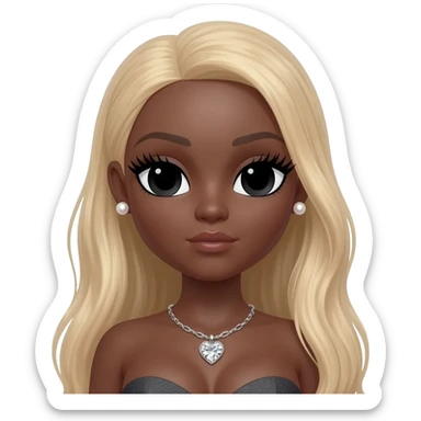 pearl earrings stud, Long giant lashes, Doll faced shaped,swarovski heart with Rhodium plated necklace, bimbo, black doll eyes, barbie, dark brown skin, with long blonde hair, big breast sticker