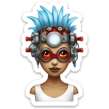 Light blue Mohawk hair female cyborg head with red steampunk goggles and circuits sticker