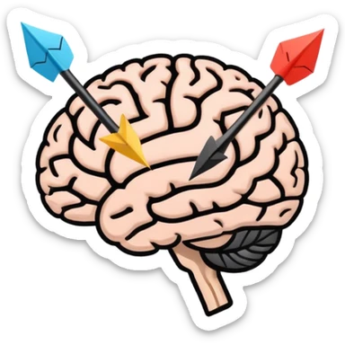 Minimalistic flat vector icon, iOS style, thin black contour on white background. Human brain with two arrows in a circle around it, symbolizing thought change. No text, no shadows. sticker