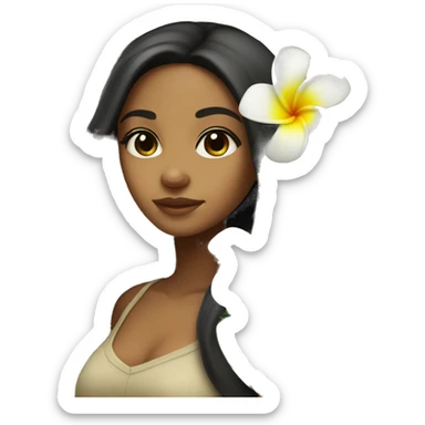 Brown Island girl with long black hair and a plumeria flower sticker