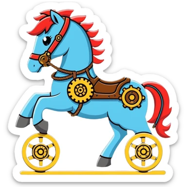 Steampunk mechanical horse with exposed gears, cogs, wires, and rope details sticker