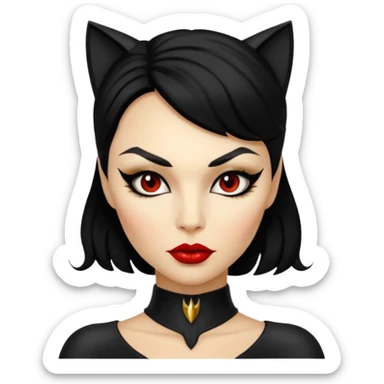 Cat woman goldish skin dark black eyes with black eyeliner dark hair big lips  sticker