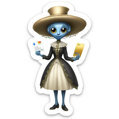 alien galora in Victorian dress elegant, full body, holding big credit card sticker
