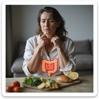 adult woman, photorealistic, intestinal pain, sitting at table with healthy food, intestine highlighted in transparency, downcast expression, natural light, kitchen background sticker