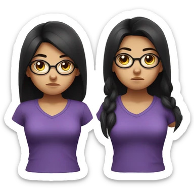 Angry scowling girl, purple shirt, long black hair, brown eyes, wearing glasses, with arms crossed over chest. sticker
