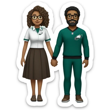 Brown guy with beard mustache and brown girl with glasses and her hair in a bun in Philadelphia eagles clothes holding hands sticker
