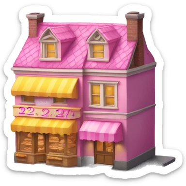 a three-floor bakery with house number 22, pink and yellow only on the facet sticker