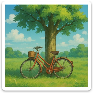 bicycle leaning against a tree, ghibli style sticker