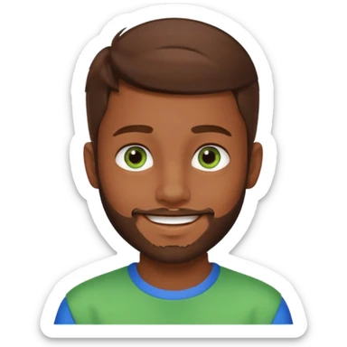 a young boy with brown hair, with a mix of blue and green eyes, a little bit of beard sticker